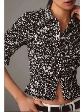 Anthro Maeve Black White Smoched Stretch Cropped Top, S